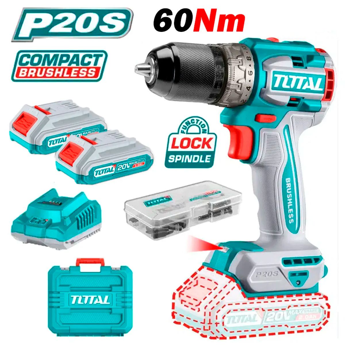 TOTAL TOOLS - Taladro Atornillador Industrial ½ TDLI20602 20V 60Nm Brushless