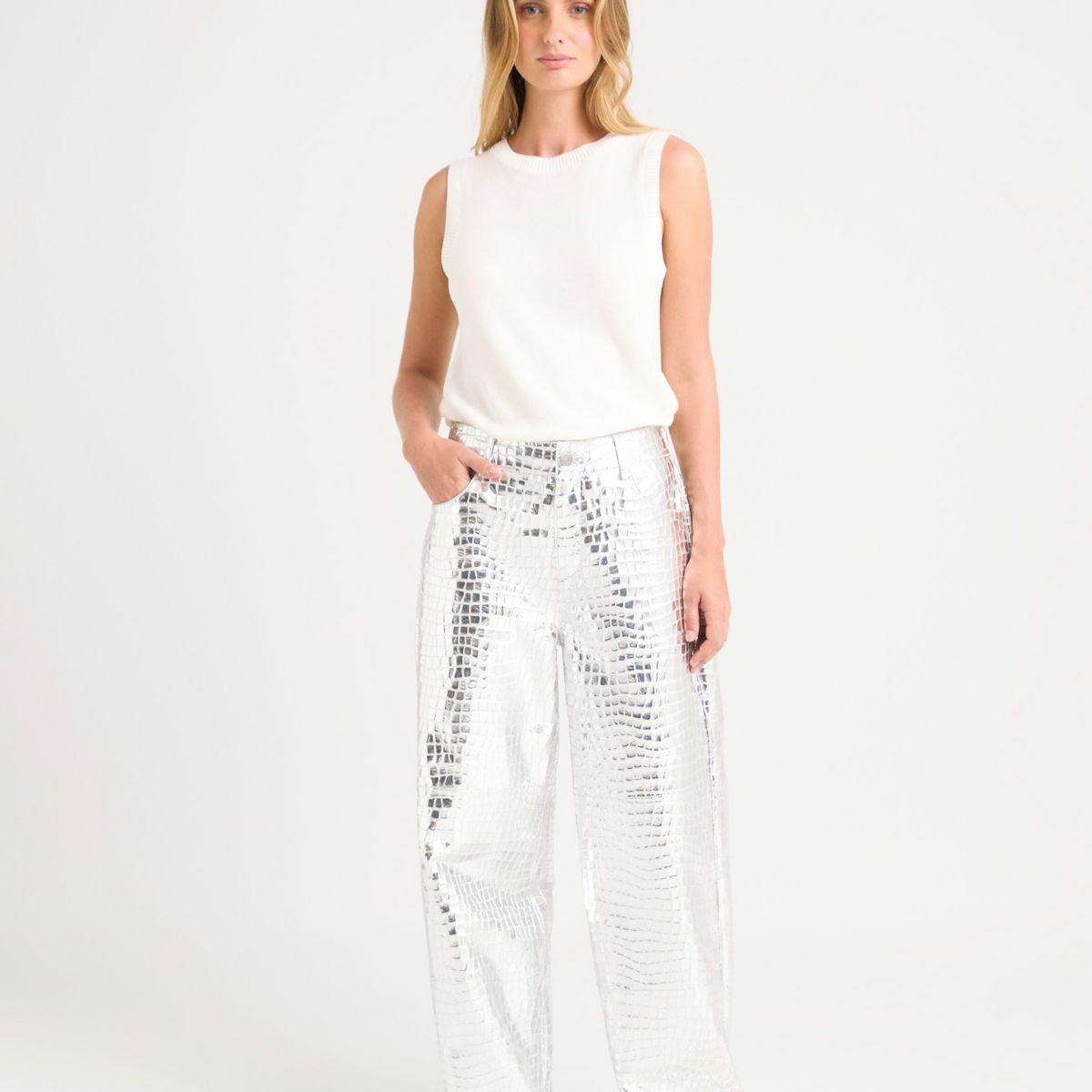VELEZ - Vélez Pantalón Croco Vice Cuero Mujer Metalizado Plata