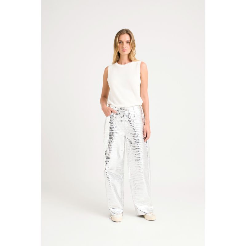VELEZ - Vélez Pantalón Croco Vice Cuero Mujer Metalizado Plata