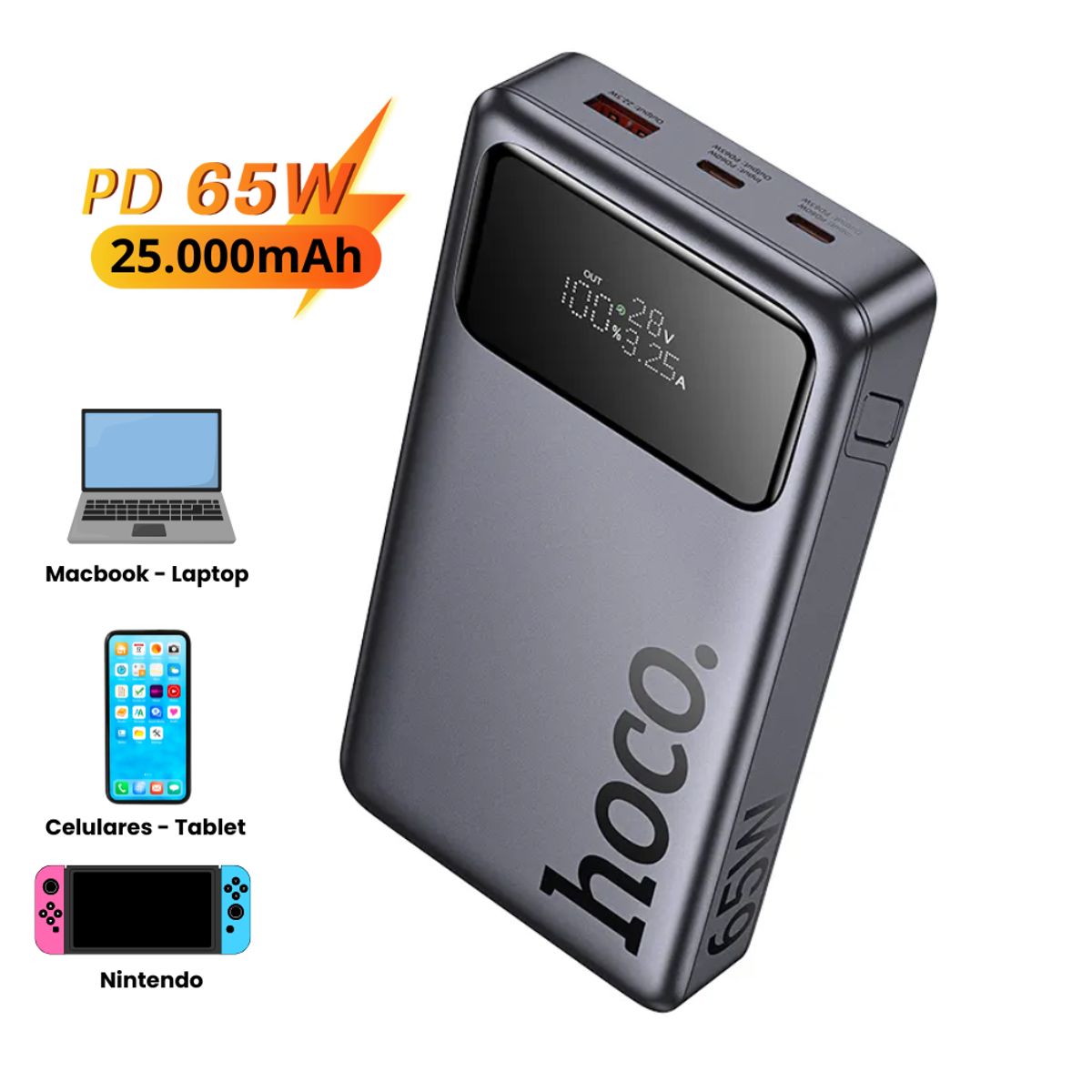 HOCO - Power Bank HOCO 25000mAh Carga Rapida 65W Laptop Macbook Celulares