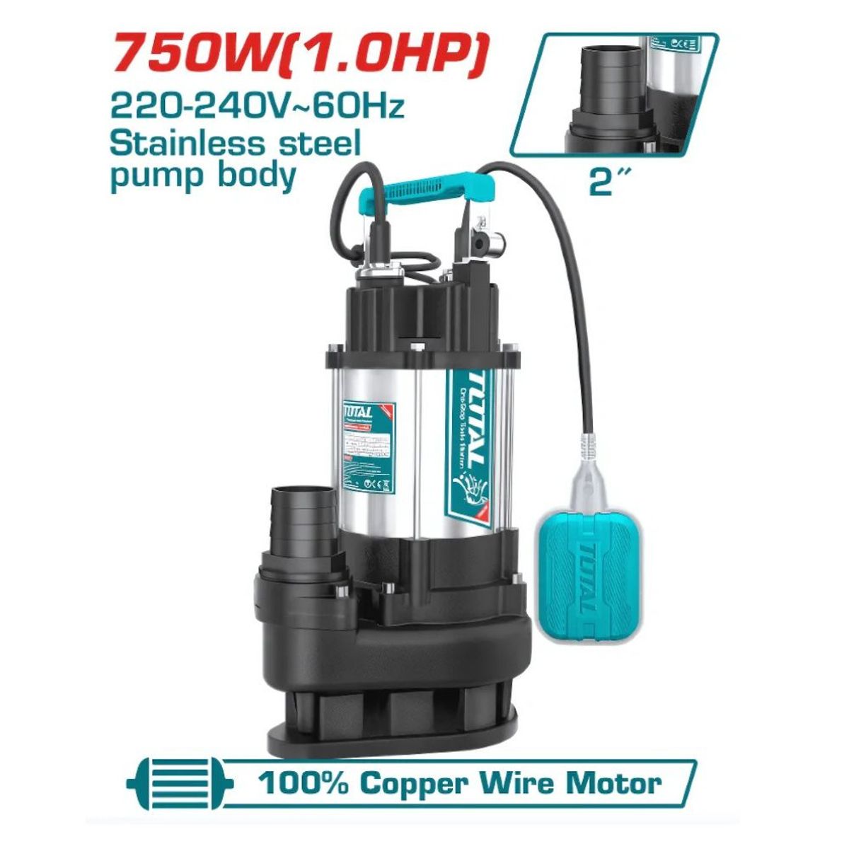 GENERICO - Bomba Sumergible Agua Sucia Acero Inoxidable 750W 1HP Total