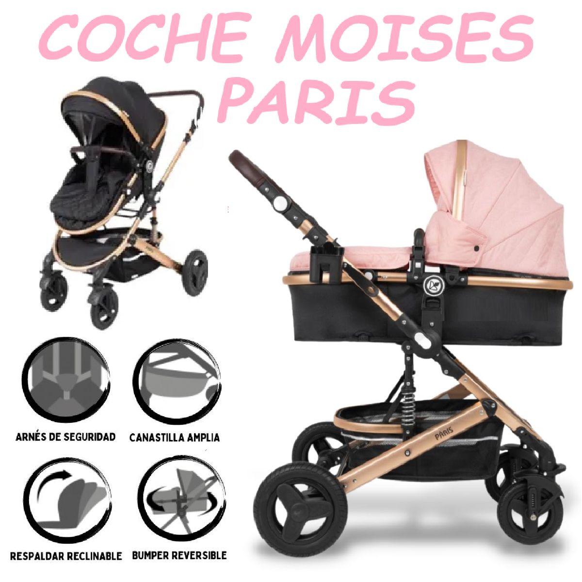 BABY HAPPY - Nuevo Coche Moises Mango Reversible Paris -Rosa