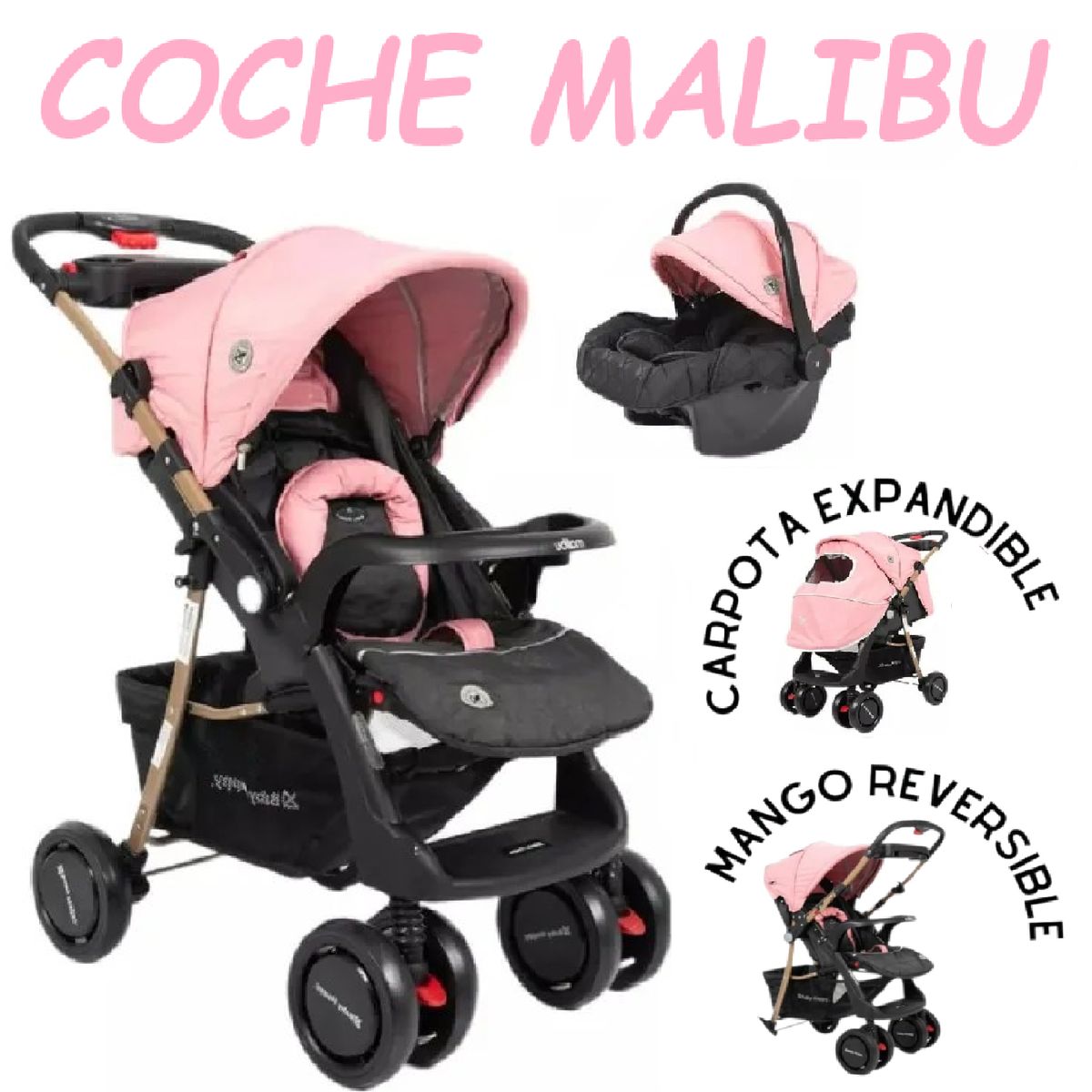BABY HAPPY - Coche Cuna Malibu 4 en 1 + Porta Bebe Mango Reversible -Rs