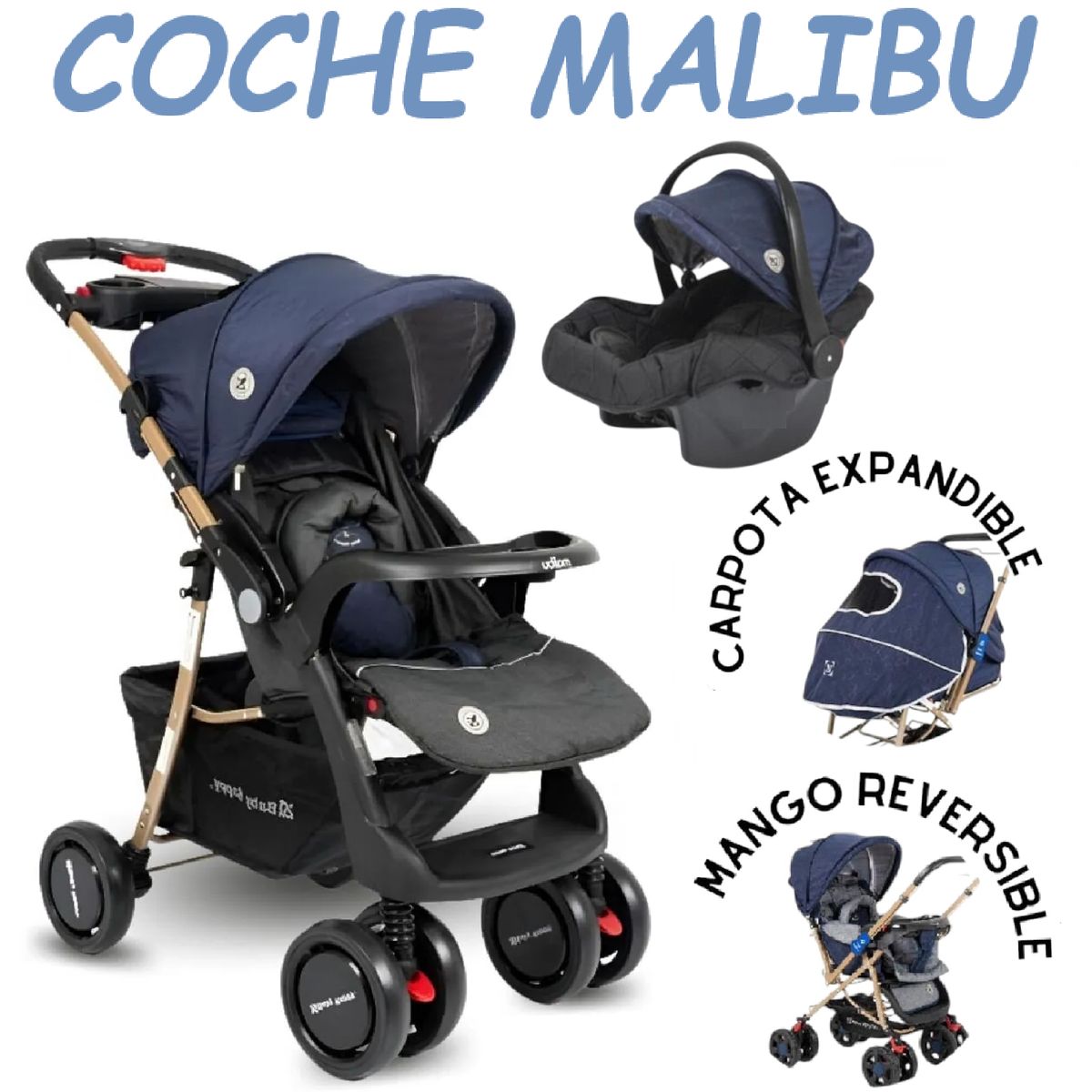 BABY HAPPY - Coche Cuna Malibu 4 en 1 + Porta Bebe Mango Reversible - AZ