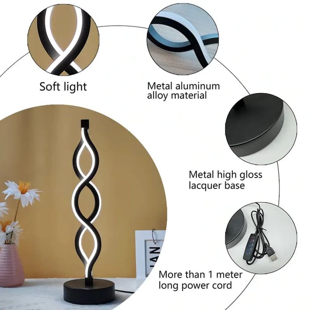 MEGIMPERU - Lámpara de Mesa en Espiral LED con Luz Ajustable  Pack X2