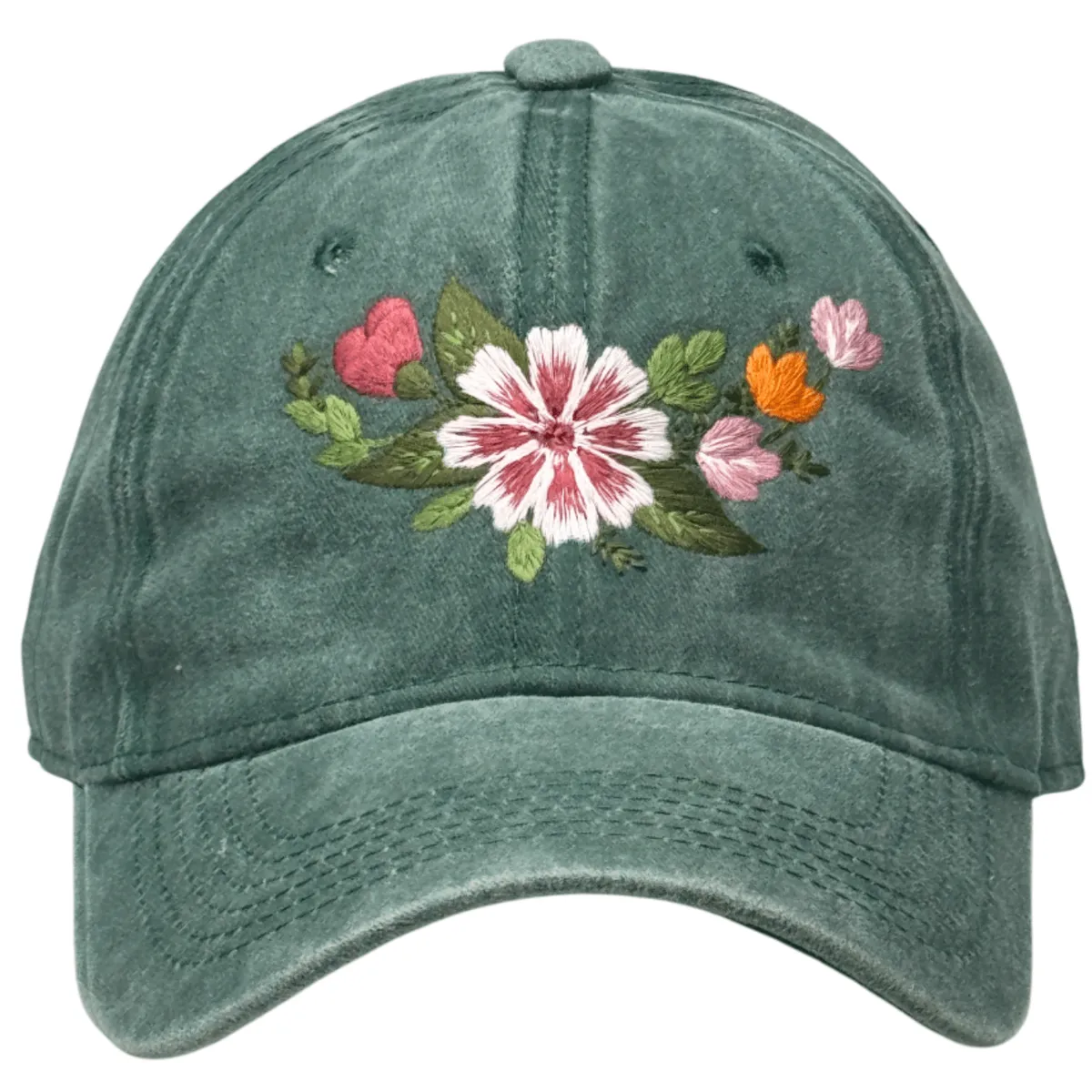 GENERICO - Gorra casual unisex Vintage o prelavada Verde botella con bordada de flores