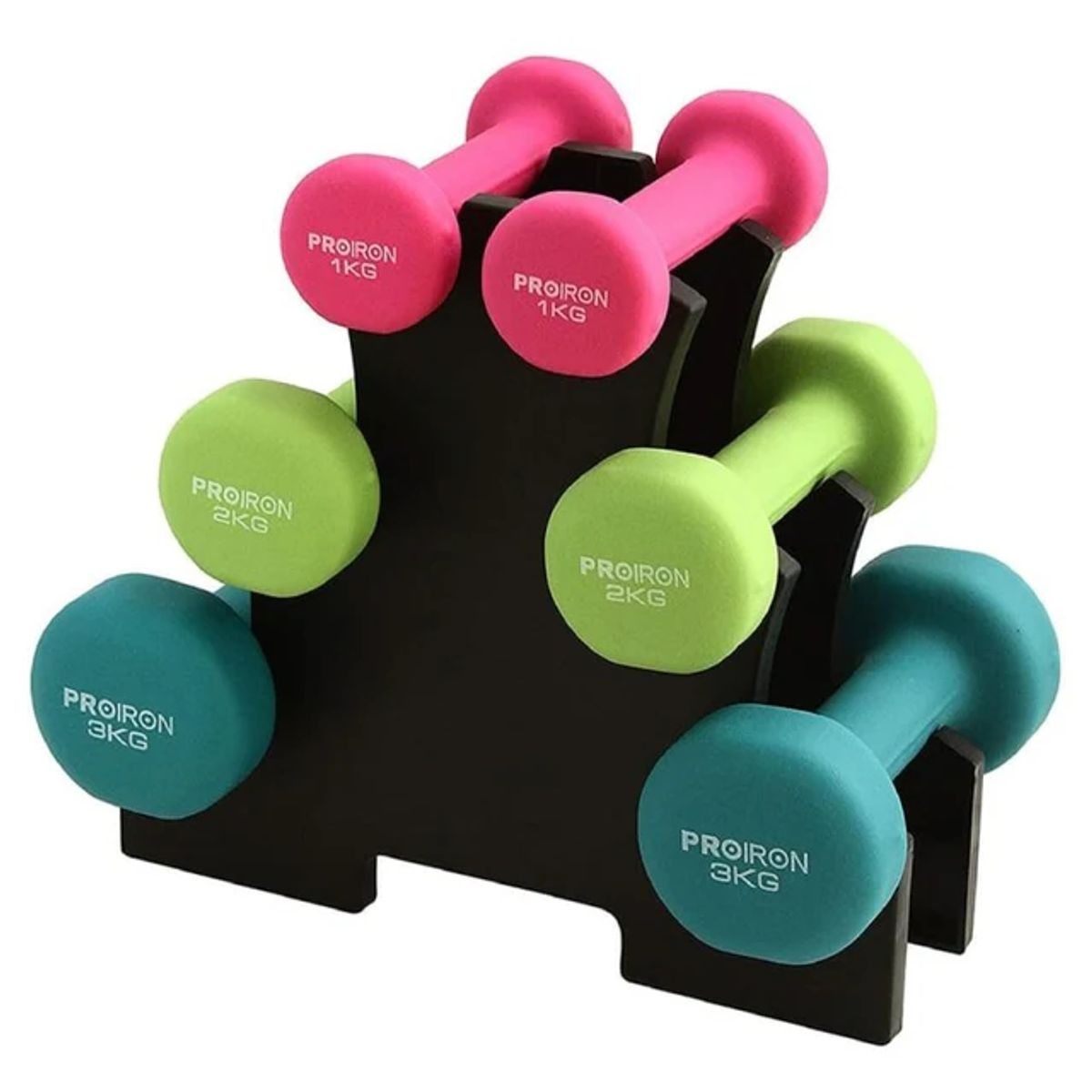 PROIRON - Set de Mancuernas de Neopreno de 1KG 2KG y 3KG + Rack