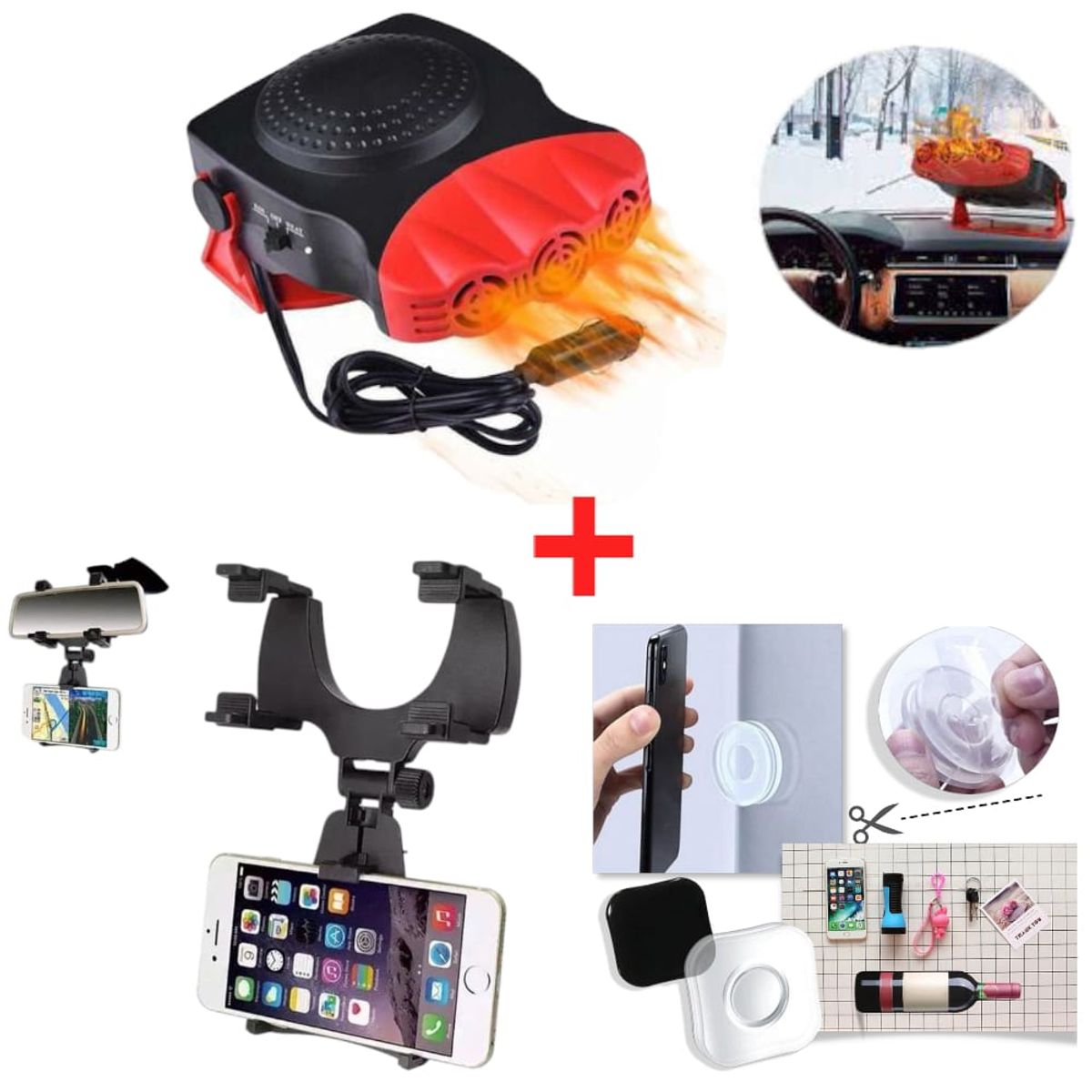 OEM - Combo 3 en 1: Calefactor, Holder Retrovisor y Pad Gel para Auto
