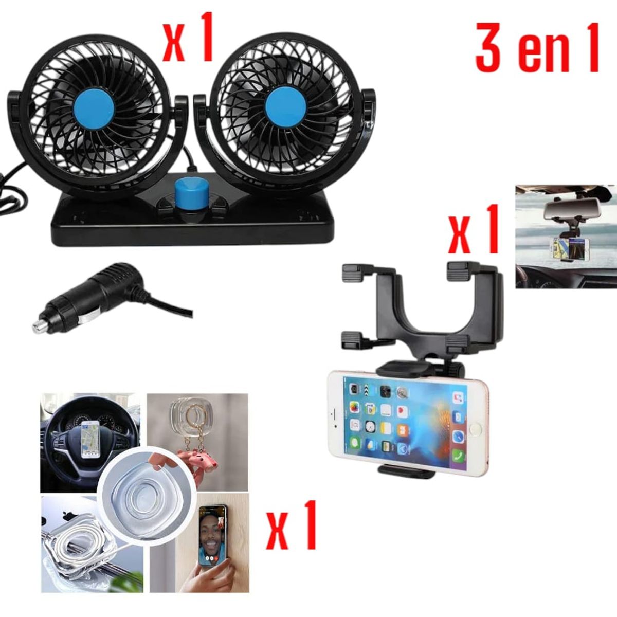 OEM - Kit Auto 3 en 1: Ventilador Dual, Holder Retrovisor y Gel Pad