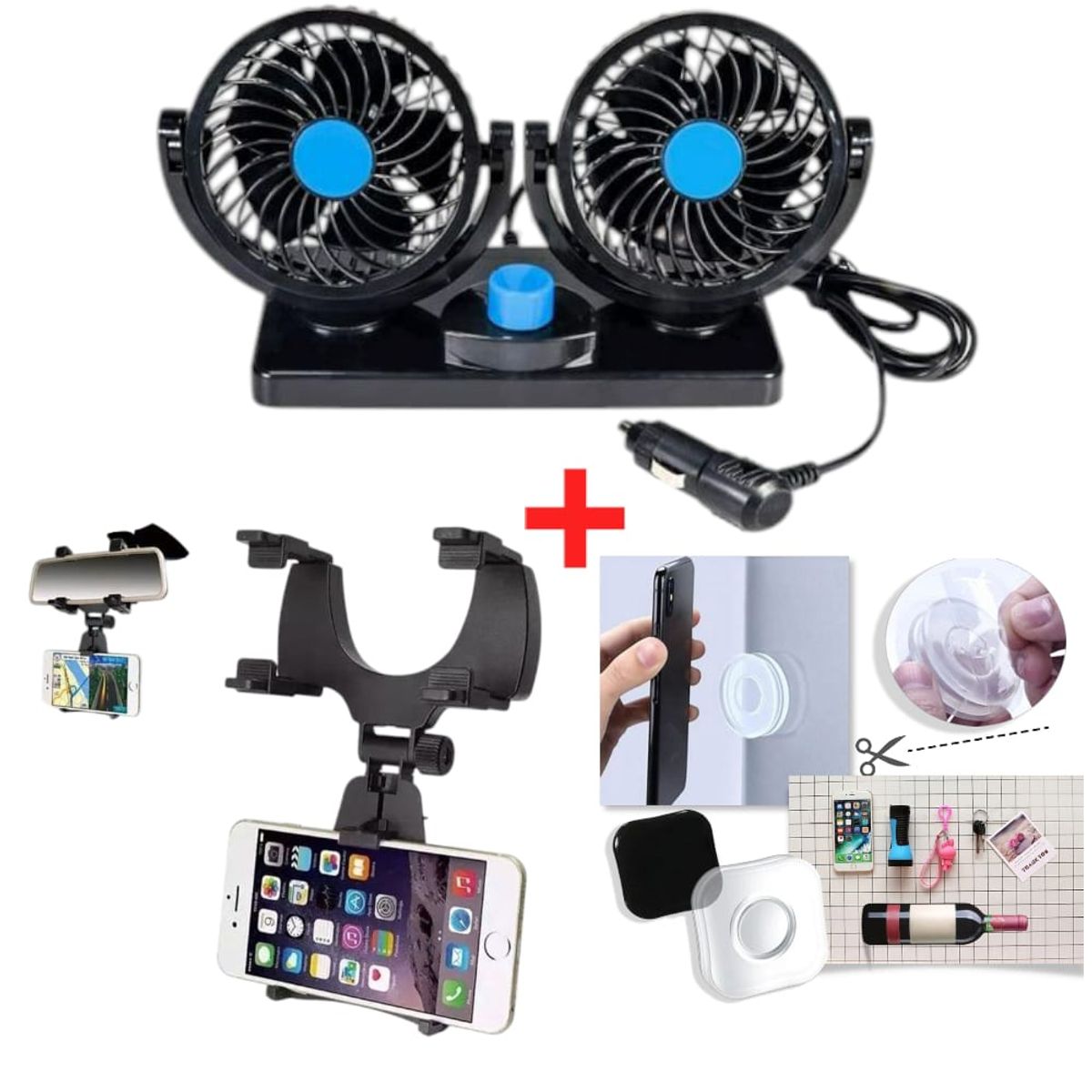 OEM - Kit Auto 3 en 1: Ventilador Dual, Holder Retrovisor y Gel Pad