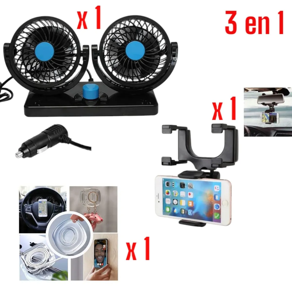 OEM - Tripack Vehicular Ventilador Doble Soporte y Base de Gel