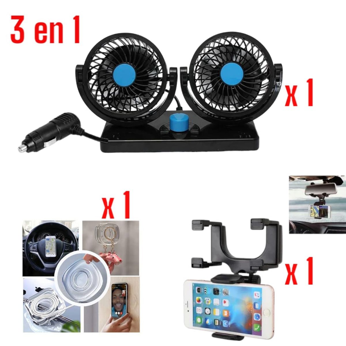 OEM - Set 3 en 1 para Auto: Ventilador, Soporte y Pad Nano Gel