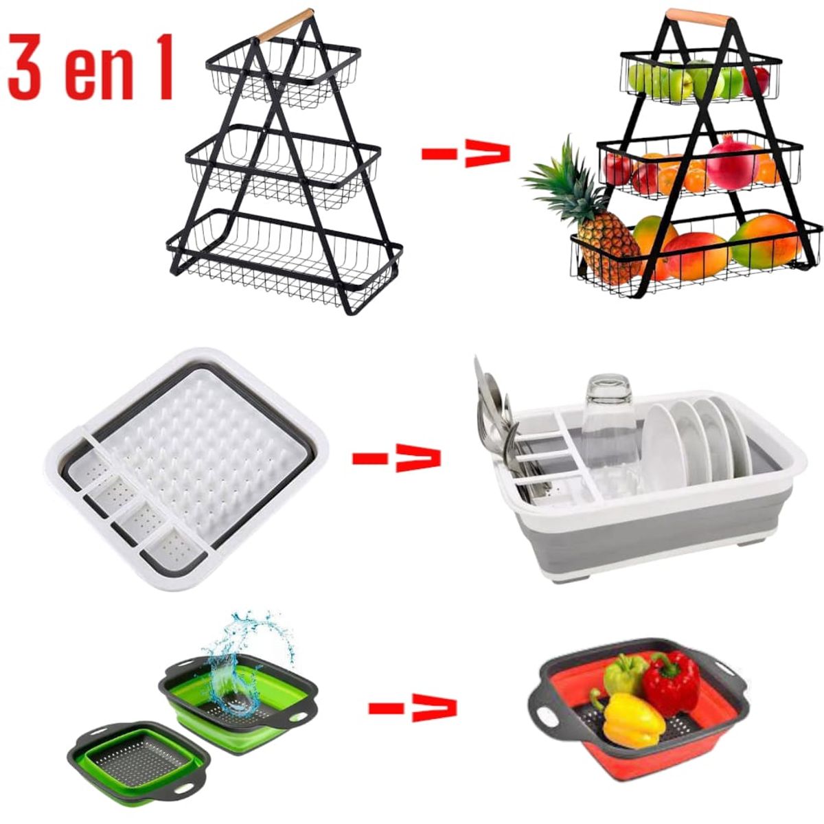 OEM - Frutero Escurridor y Colador 3 en 1 Plegable para Cocina