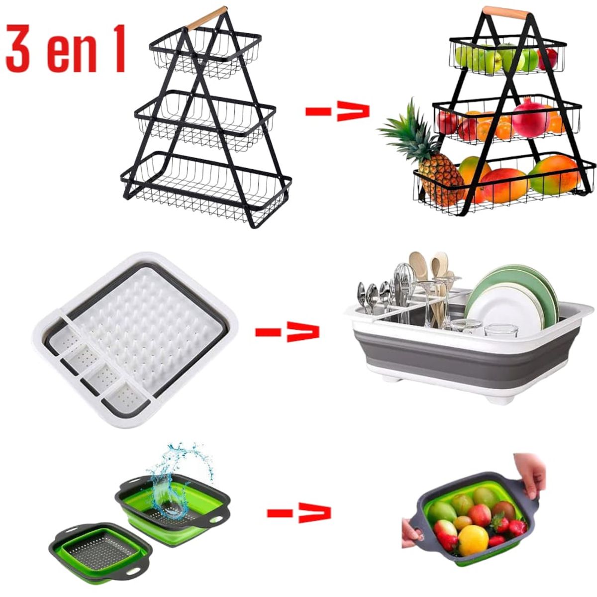 OEM - 3 en 1 Multiuso: Frutero, Escurridor y Colador Plegable Compacto