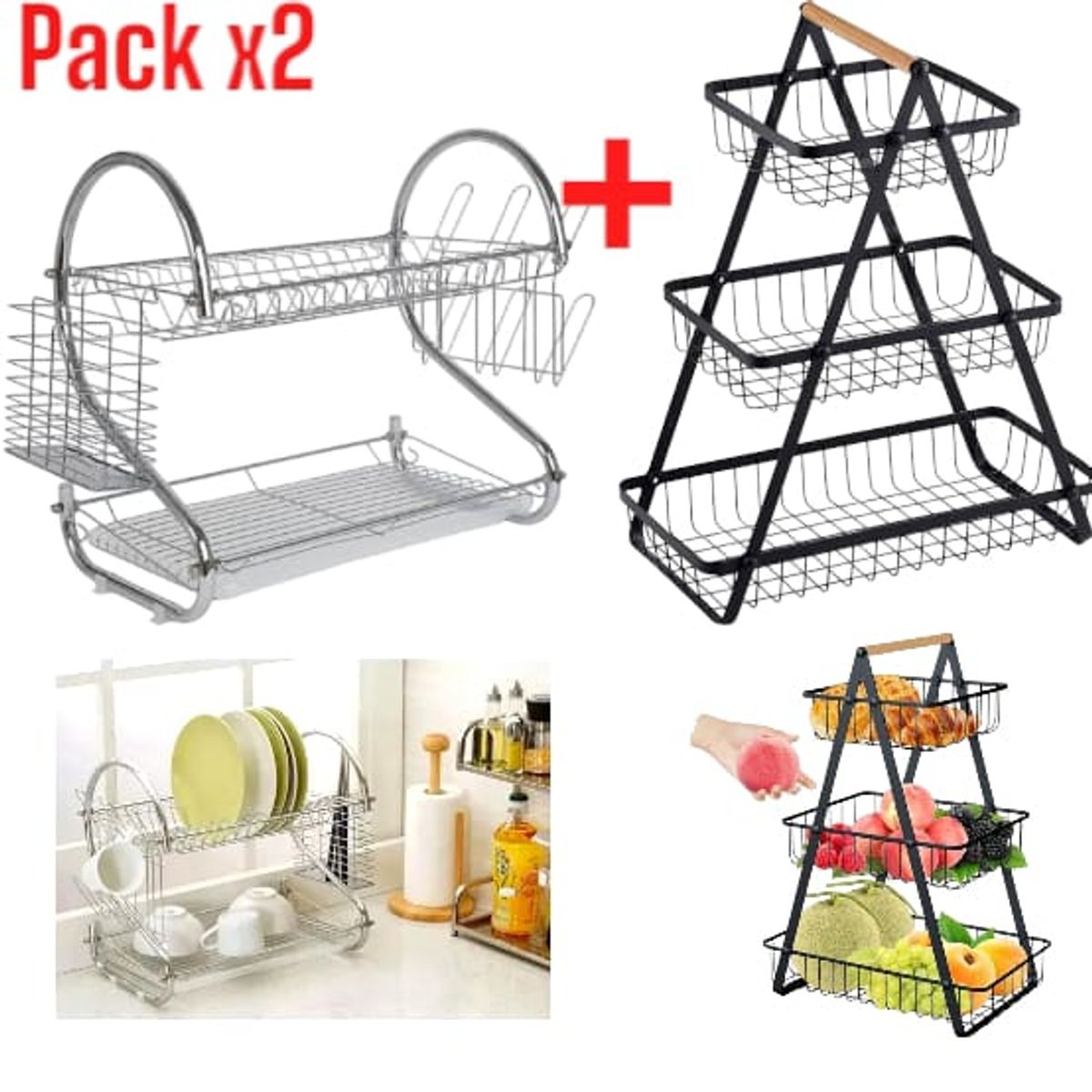 OEM - Combo Cocina: Frutero Metálico 3 Niveles y Escurridor SecaPlatos