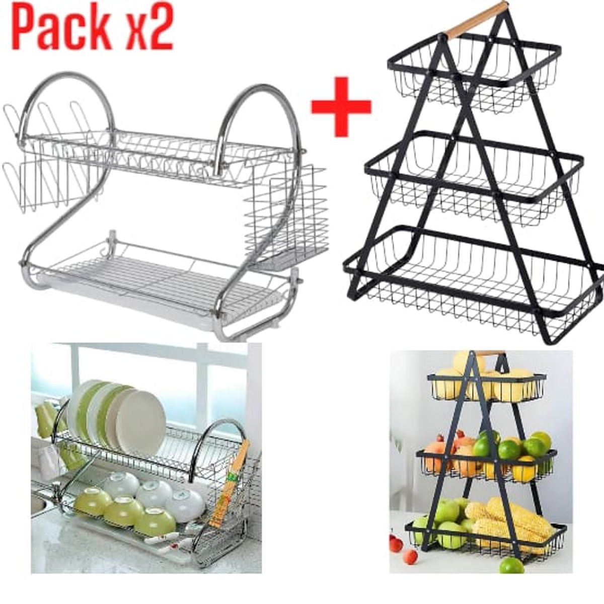 OEM - Combo Cocina: Frutero Metálico 3 Niveles y Escurridor SecaPlatos