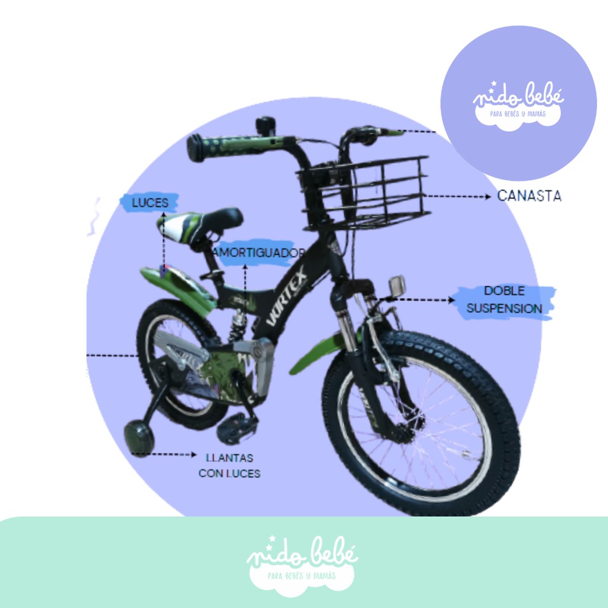 GENERICO - Bicicleta infantill aro 12 para niño modelo VORTEX verde
