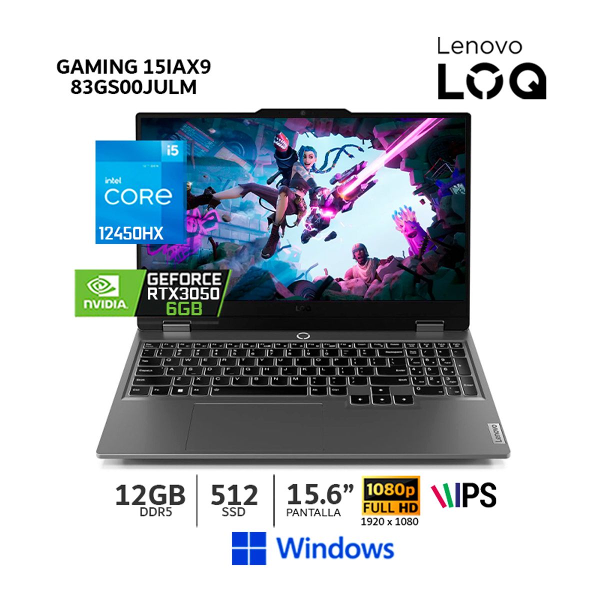 LENOVO - Laptop Lenovo LOQ Core I5-12450HX,15.6" FHD, 12Gb Ram, 512Gb SSD, RTX 3050 6Gb - 83GS00JULM