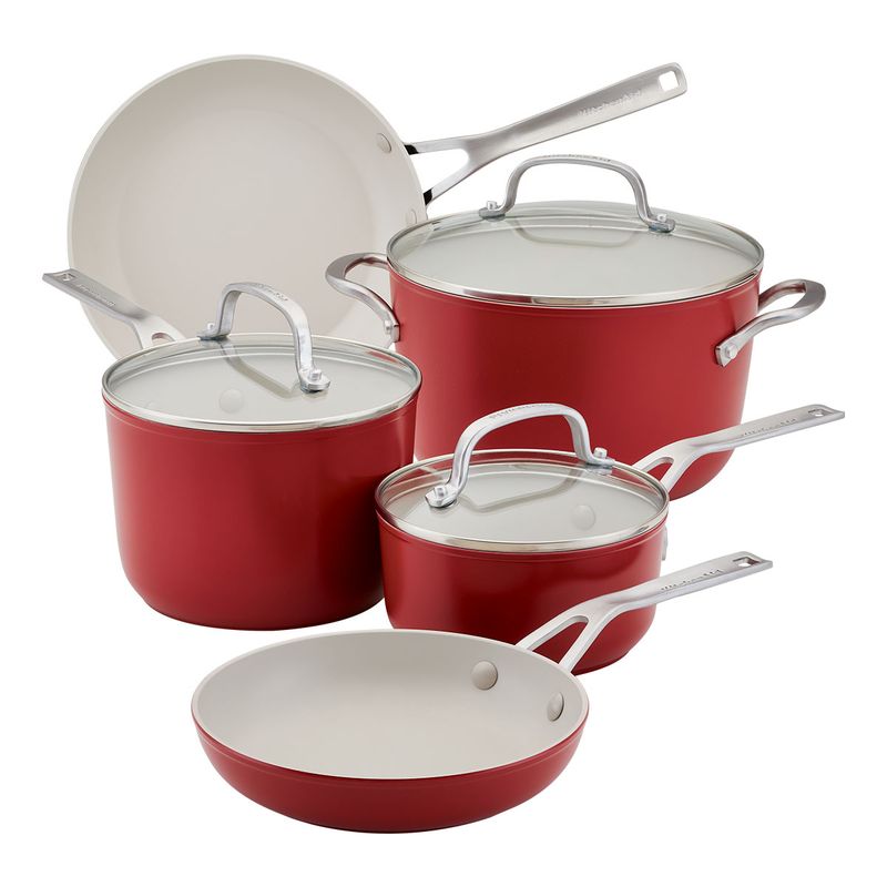 KITCHENAID - Juego de Ollas 8 Piezas Aluminio forjado Antiadherente cerámico Rojo