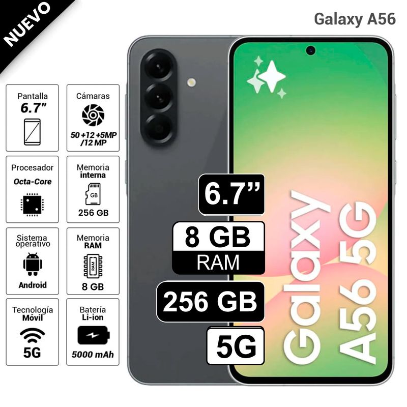 SAMSUNG - Celular Samsung Galaxy A56 5G 256GB 8GB RAM cámara principal 50MP frontal 12MP 67 negro
