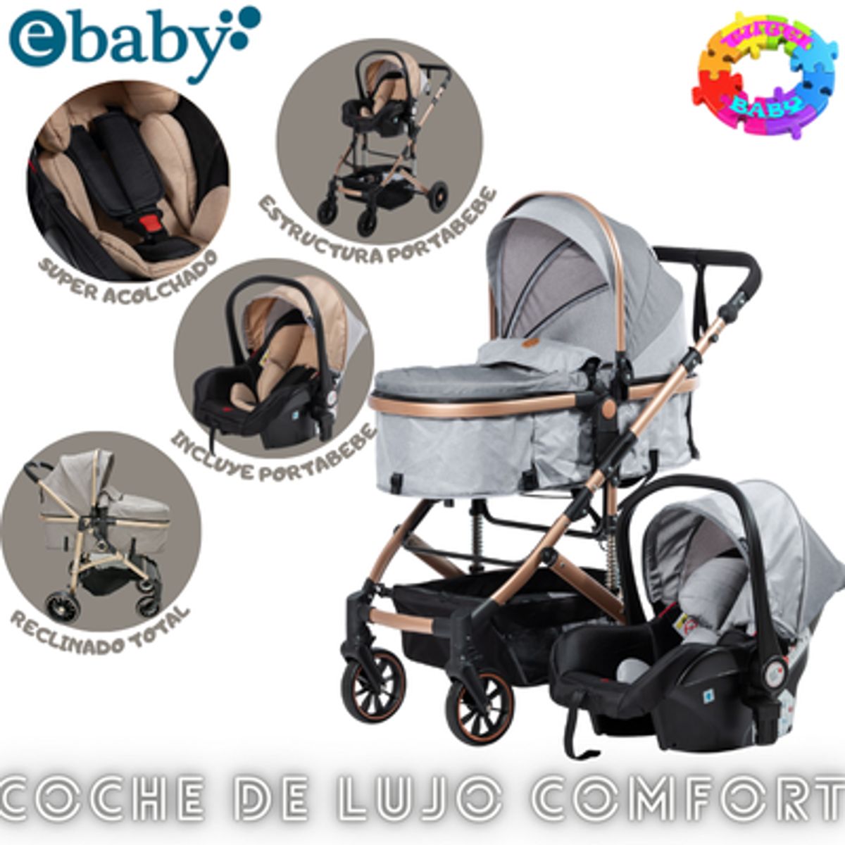 EBABY - COCHE CUNA COMFORT CON PORTABEBE-GRIS