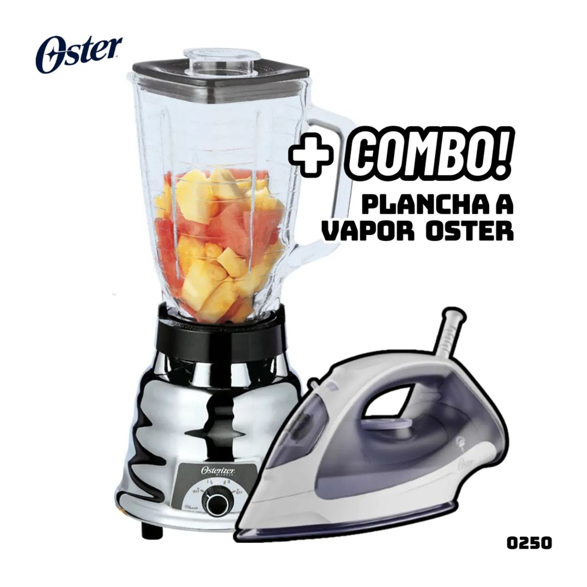 OSTER - LICUADORA CLASICA OSTER 2 VELOCIDADES CROMADA - 250-22 + PLANCHA OSTER