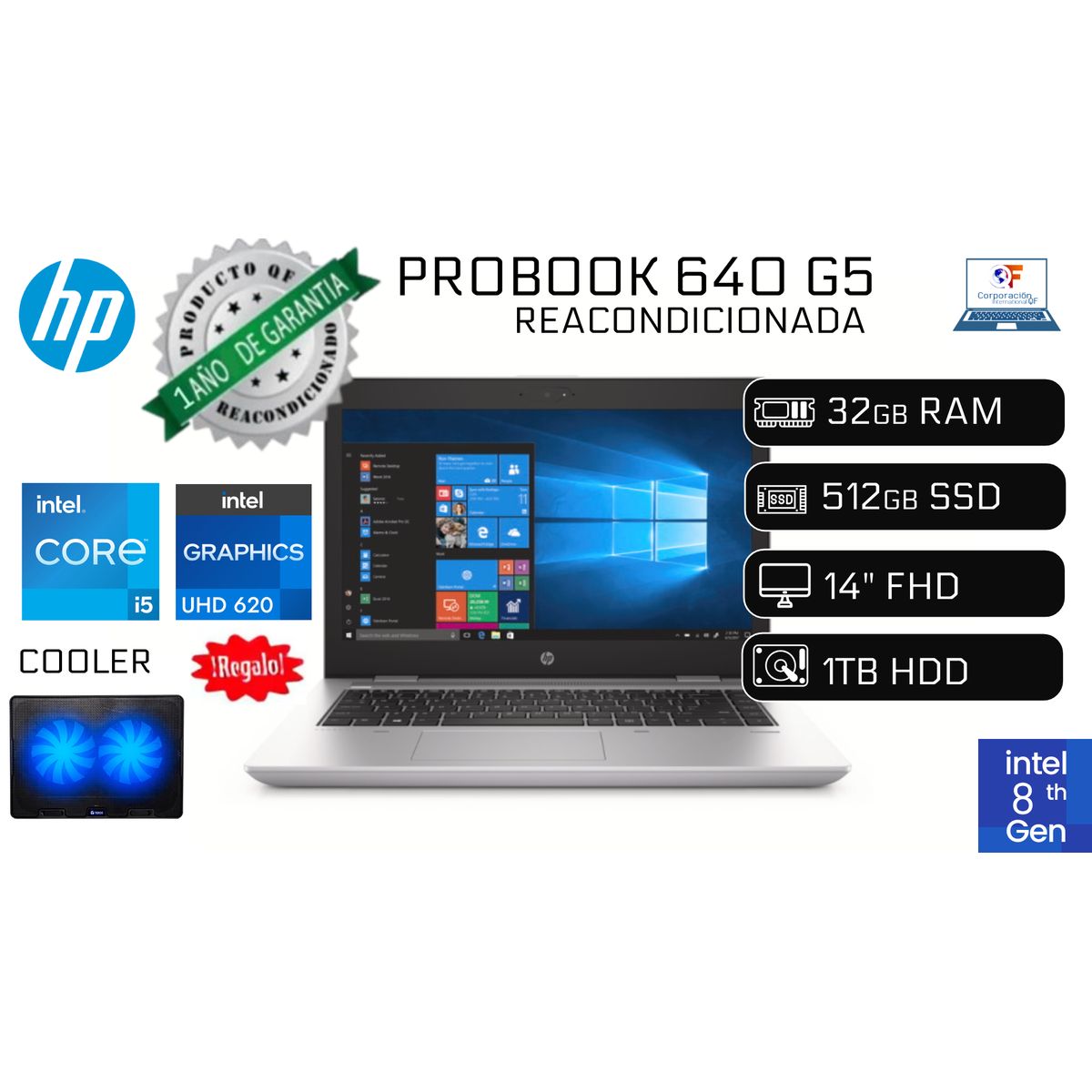 HP - Laptop Hp ProBook 640 G5 i5-8365U 32GB RAM 512GB SSD 1TB HDD Reacondicionado 1 Año Garantía + COOLER