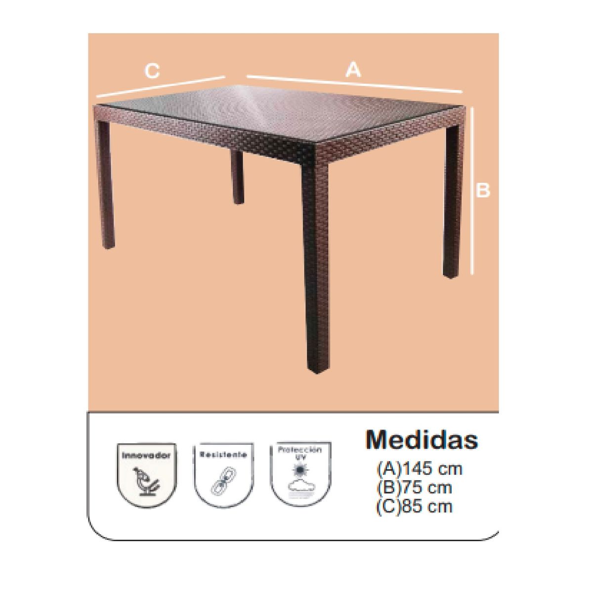 TU MESITA - Mesa Clásica estilo Ratán Amauta color Marrón Vidrio Templado TU MESITA