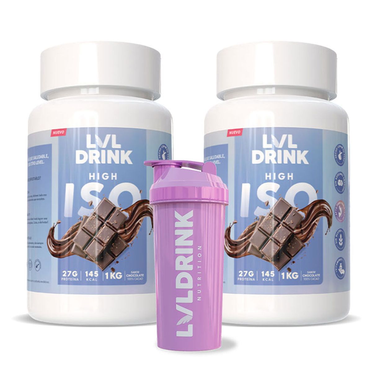 LVLDRINK NUTRITION - Proteína Chocolate 1kg Pack x2 Stevia 100%  Shaker de regalo