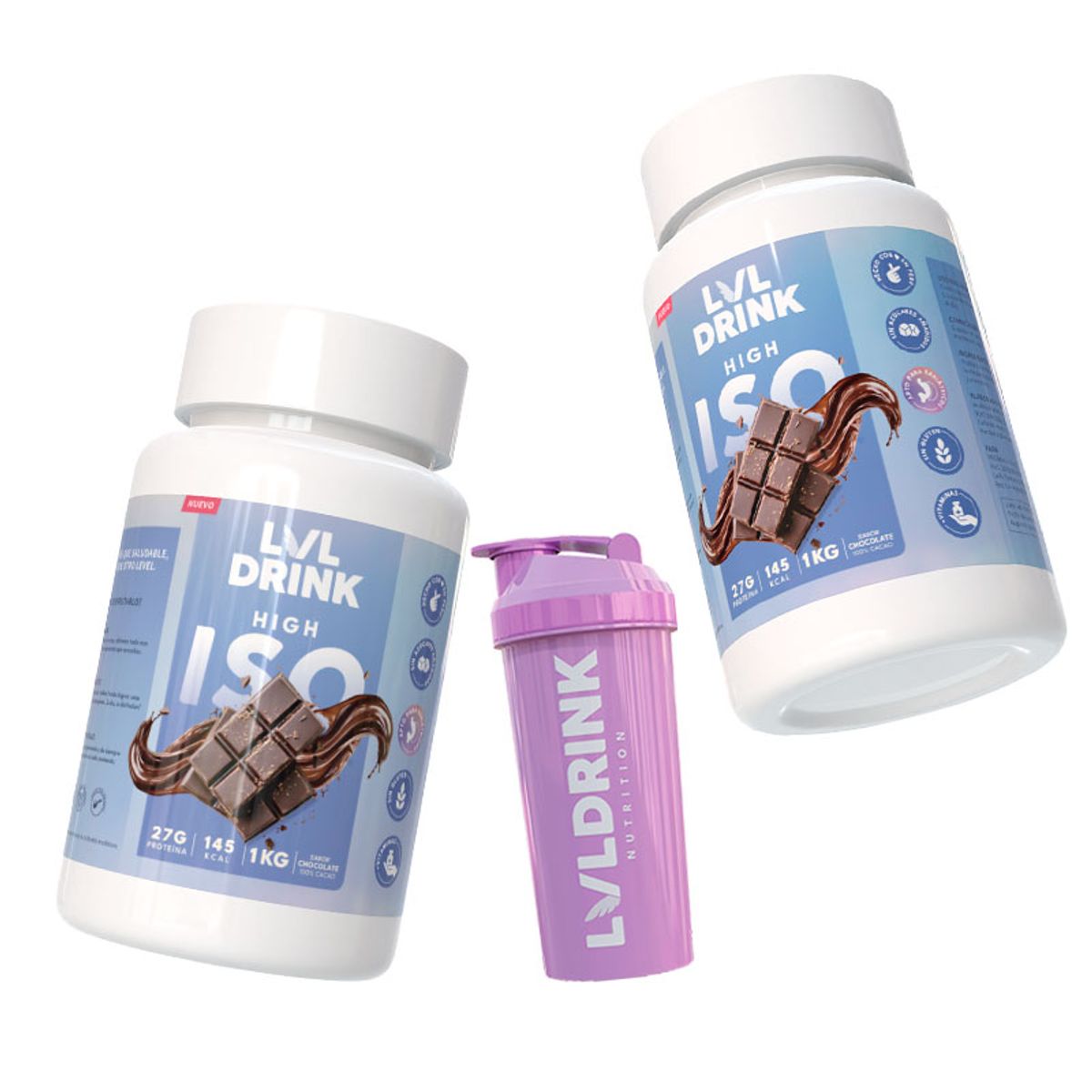 LVLDRINK NUTRITION - Proteína Chocolate 1kg Pack x2 Stevia 100%  Shaker de regalo