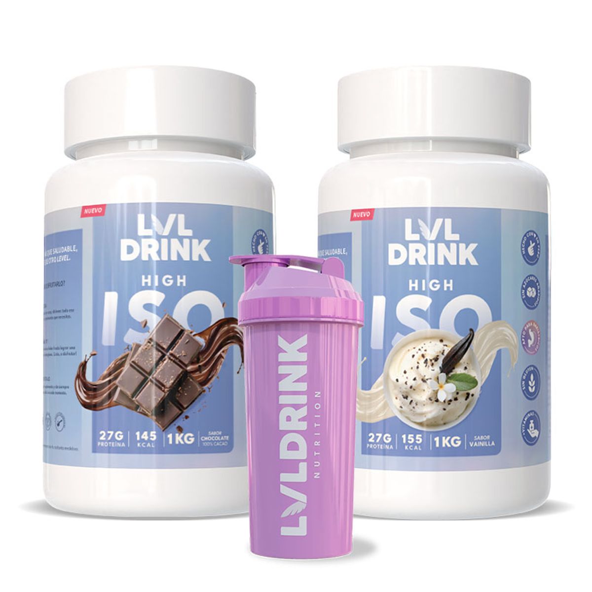 LVLDRINK NUTRITION - Proteína Chocolate 1kg + Proteína Vainilla 1kg Endulzadas con Stevia 100%  Shaker de regalo