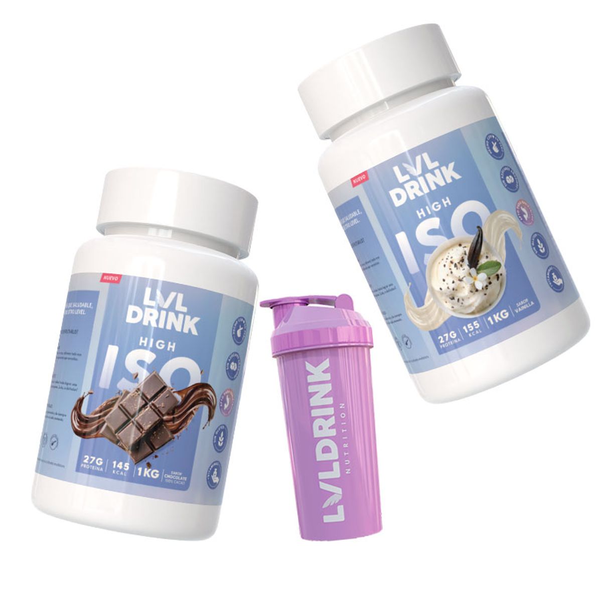 LVLDRINK NUTRITION - Proteína Chocolate 1kg + Proteína Vainilla 1kg Endulzadas con Stevia 100%  Shaker de regalo