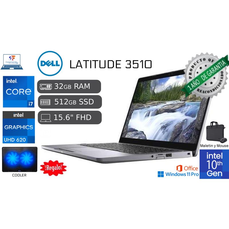 DELL - Dell Latitude 3510, Intel Core 7, 32gb Ram 512 Ssd, Fhd Reacondicionado 1 año de garantìa + COOLER
