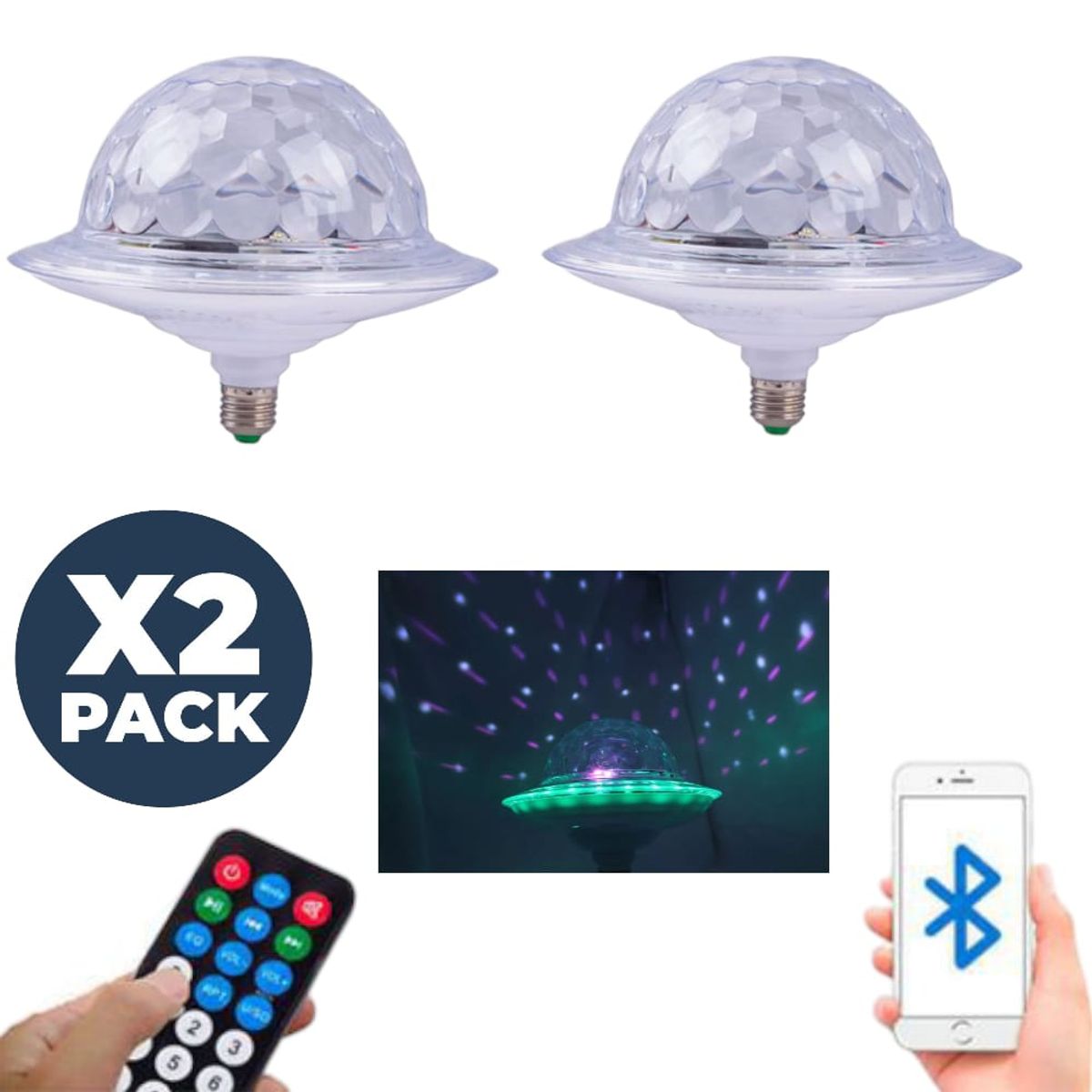 OEM - 2 Lámparas LED Fiesta UFO con Bluetooth y Efectos de Luz Mágicos