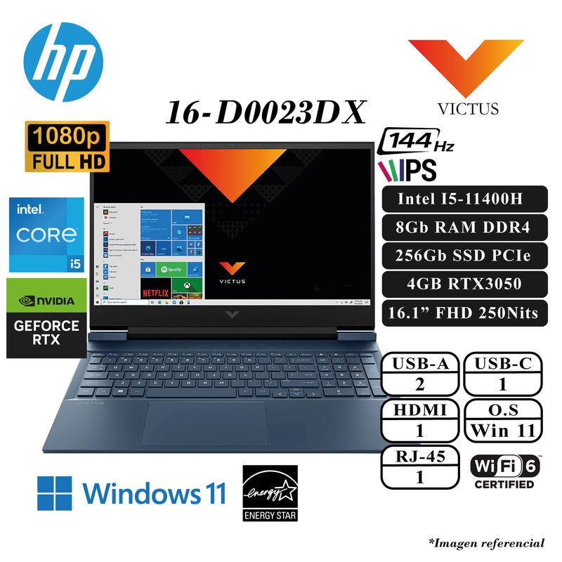 HP - LAPTOP HP VICTUS 16-D0023DX INTEL I5-11400H 8GB RAM 256GB SSD 4GB RTX3050 16.1 FHD IPS W11