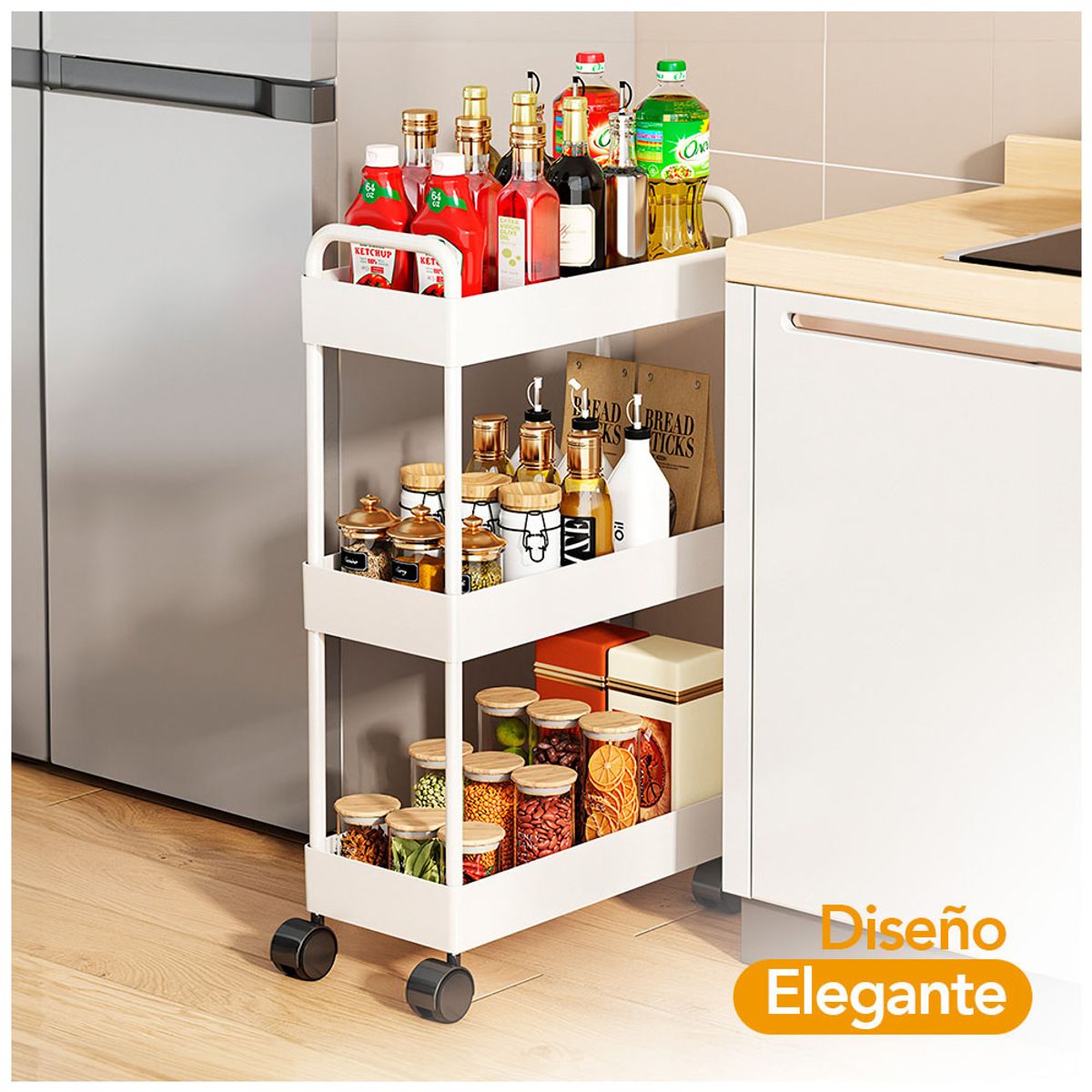 KELLER - Carrito Organizador 3 Niveles con Ruedas para Cocina BL AY8