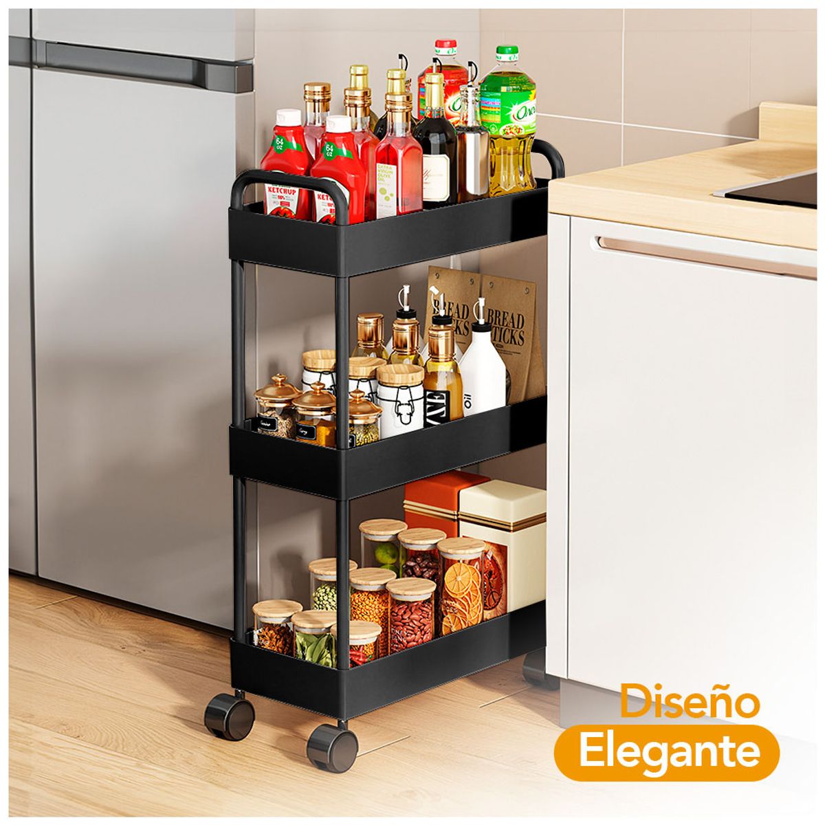 Carrito Organizador 3 Niveles con Ruedas para Cocina NG AY8, marca KELLER - Foto 2