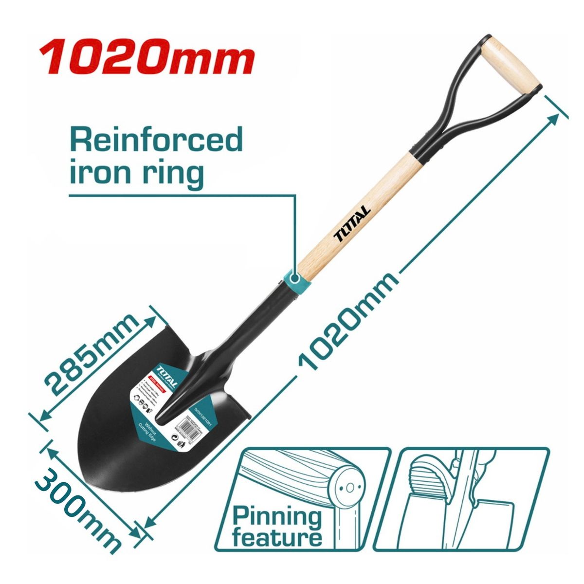 TOTAL TOOLS - Pala Tipo Cuchara con mango de Madera Total