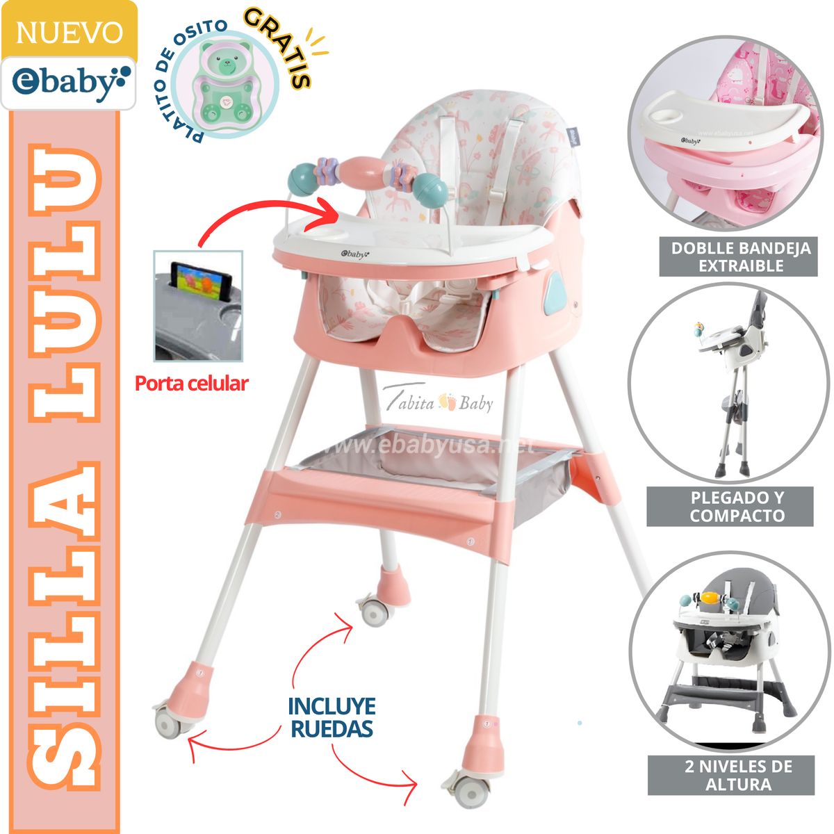 EBABY - Silla de comer para bebe Plegable Lulu Rosado