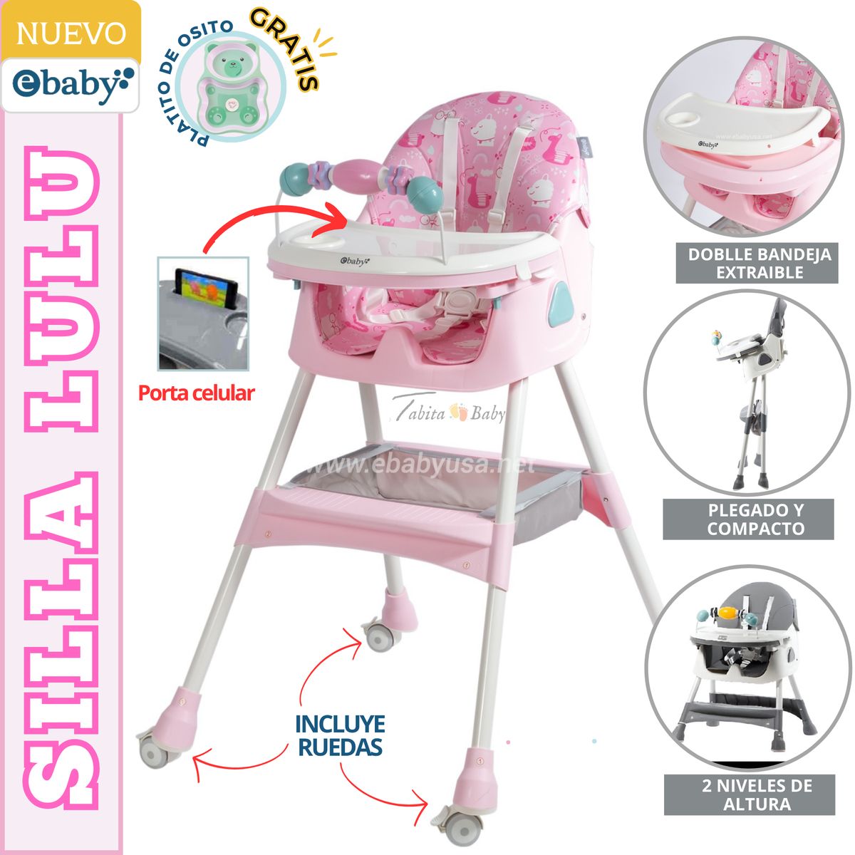 EBABY - Silla de comer para bebe Plegable Lulu Fucsia