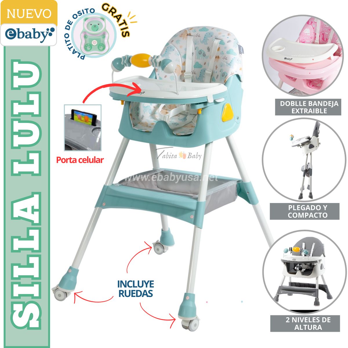 EBABY - Silla de comer para bebe Plegable Lulu Verde