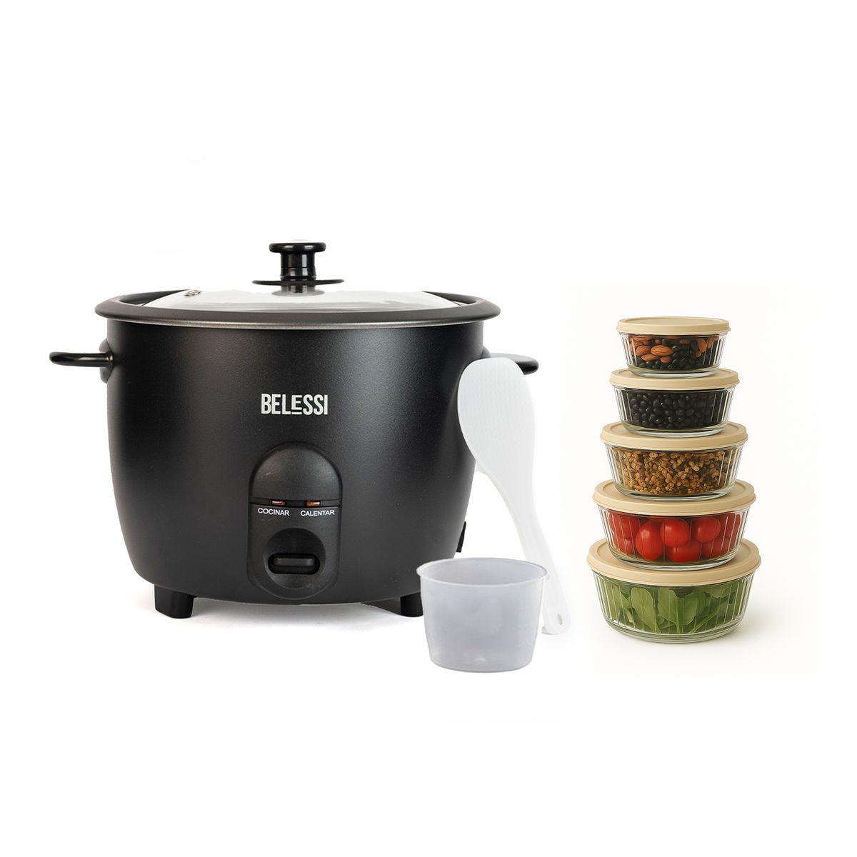 BELESSI - Combo x2: Olla Arrocera 1.8LT + Set X5 Tapers Herméticos de Vidrio con Tapa