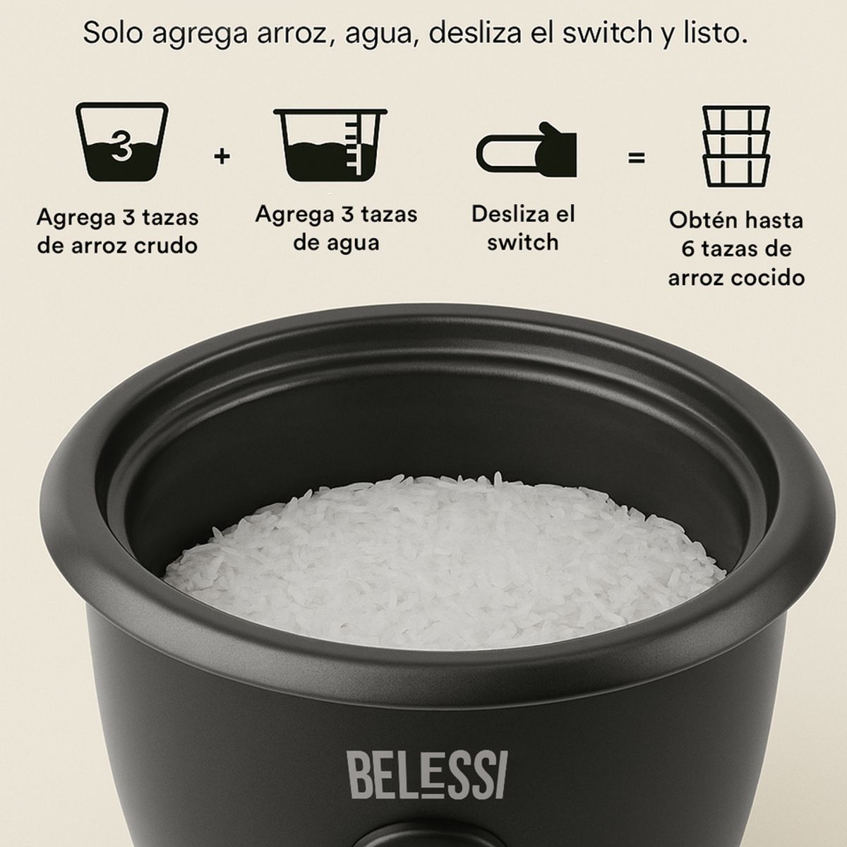 BELESSI - Combo x2: Olla Arrocera 1.8LT + Set X5 Tapers Herméticos de Vidrio con Tapa