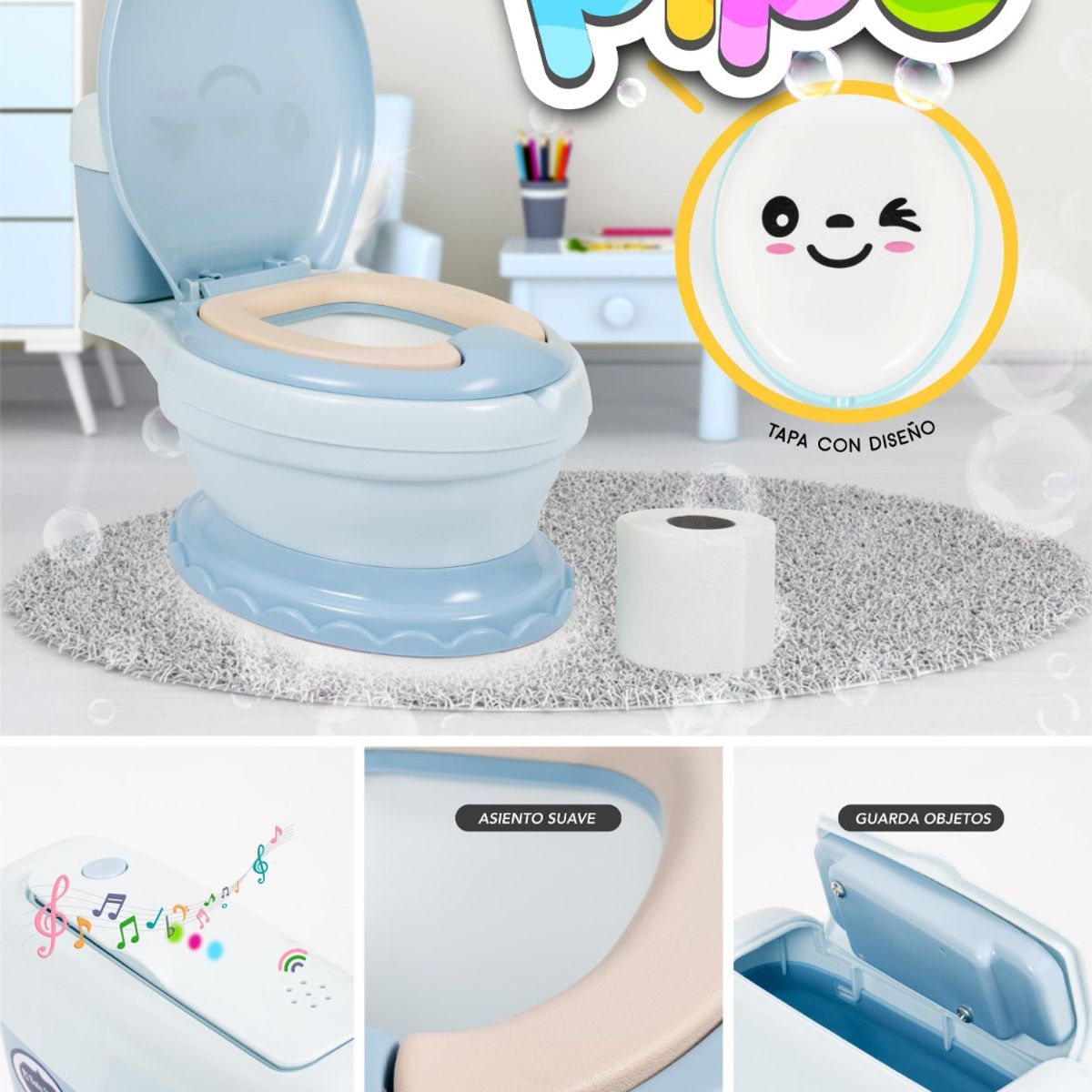 BABY HAPPY - BACIN MUSICAL CON LUCES ASIENTO SUAVE ERGONOMICO CELESTE