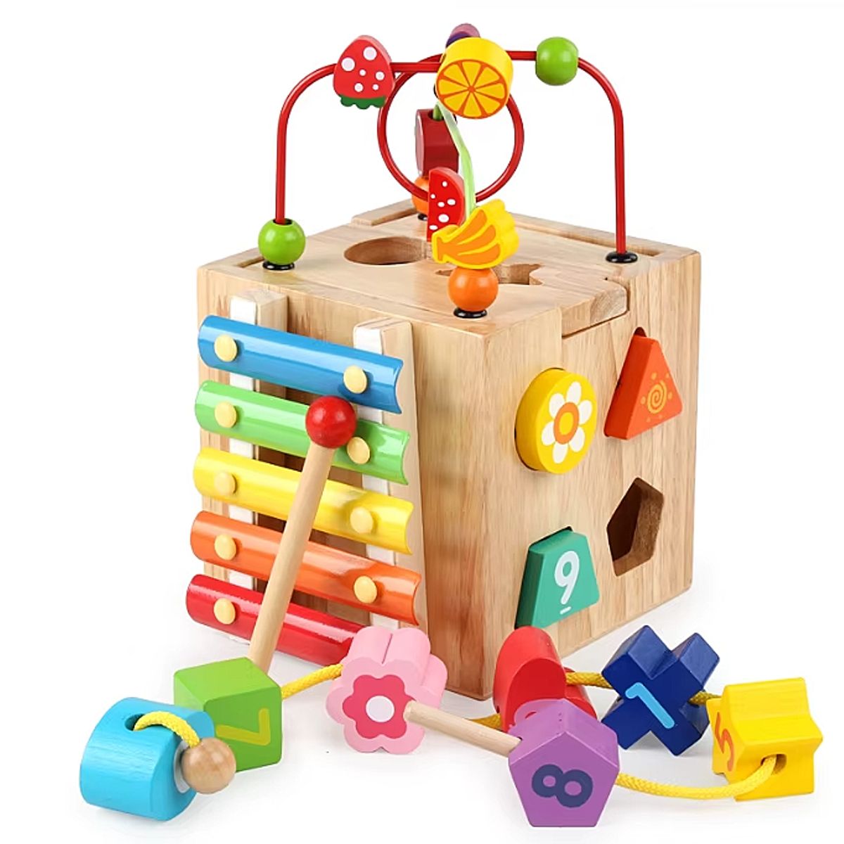 GENERICO - Cubo Didáctico Montessori 6 en 1 con xilófono y reloj