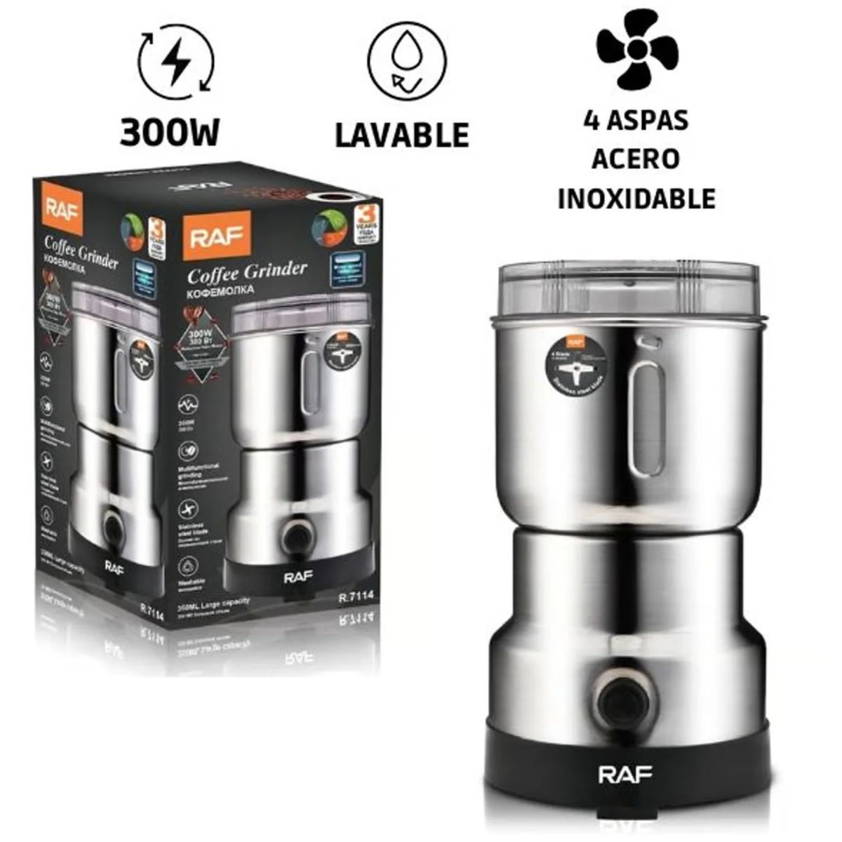 RAFF - Molinillo Eléctrico De Café Granos Semillas Premium RAF 4 Aspas 300W