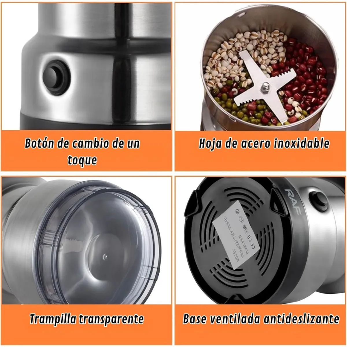 RAFF - Molinillo Eléctrico De Café Granos Semillas Premium RAF 4 Aspas 300W