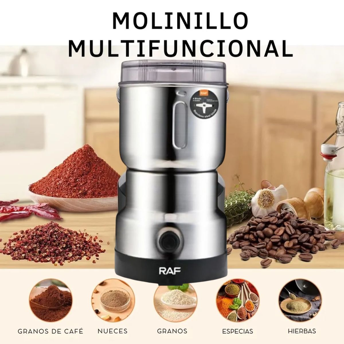 RAFF - Molinillo Eléctrico De Café Granos Semillas Premium RAF 4 Aspas 300W
