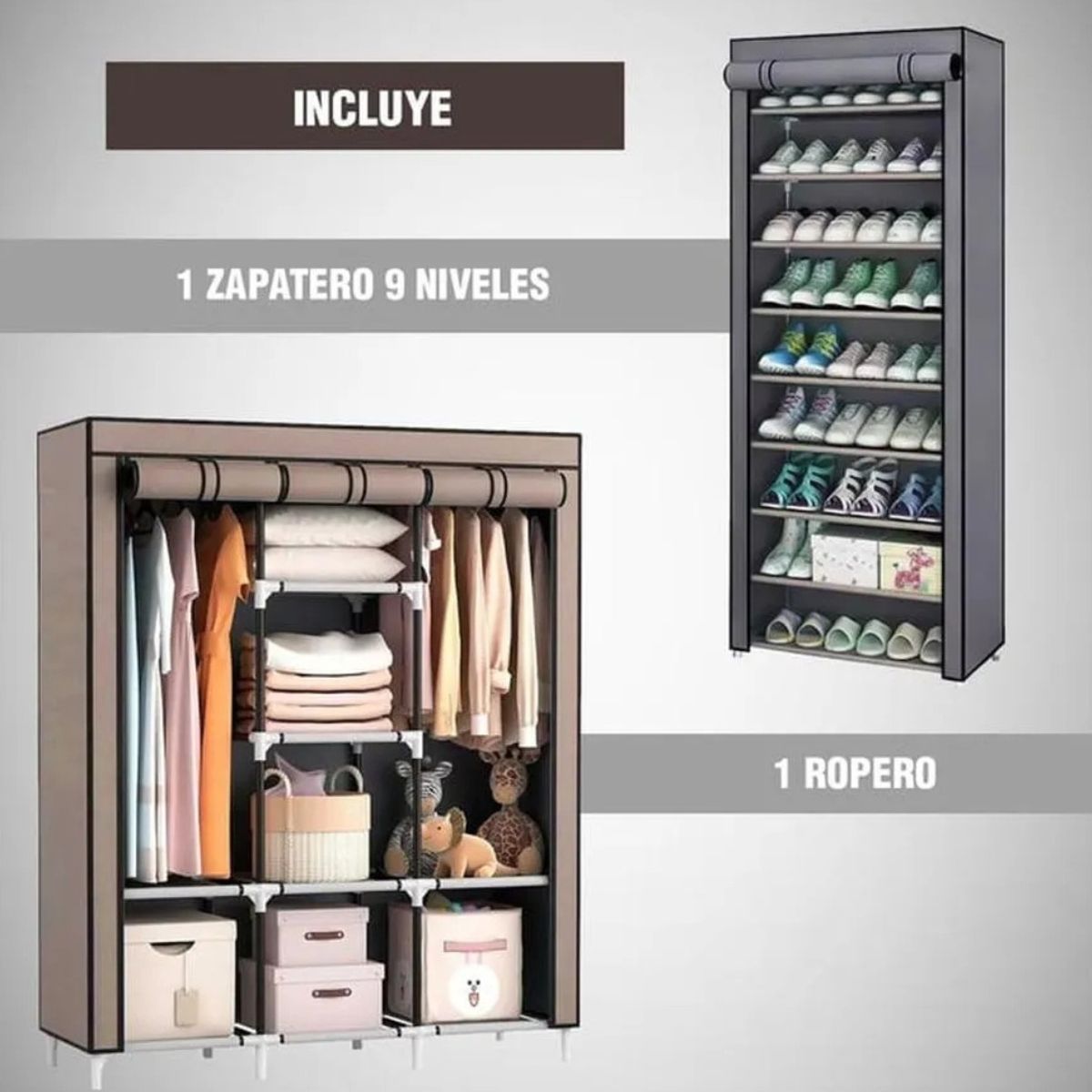 OEM - Combo Dúo Zapatera de 9 Niveles y Ropero de 3 Cuerpos Armables