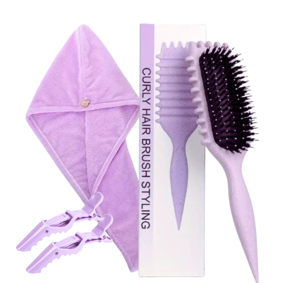 GENERICO - KIT DE CUIDADO PARA EL CABELLO RIZADO COLOR LILA PEINE CULY BOUNCETURBANTE DE MICROFIBRA Y GANCHOS